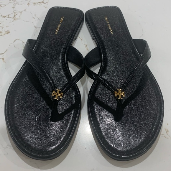 Tory Burch Black Classic Leather Logo Thong Sandals Flip-Flop Size 9 M - Picture 2 of 11